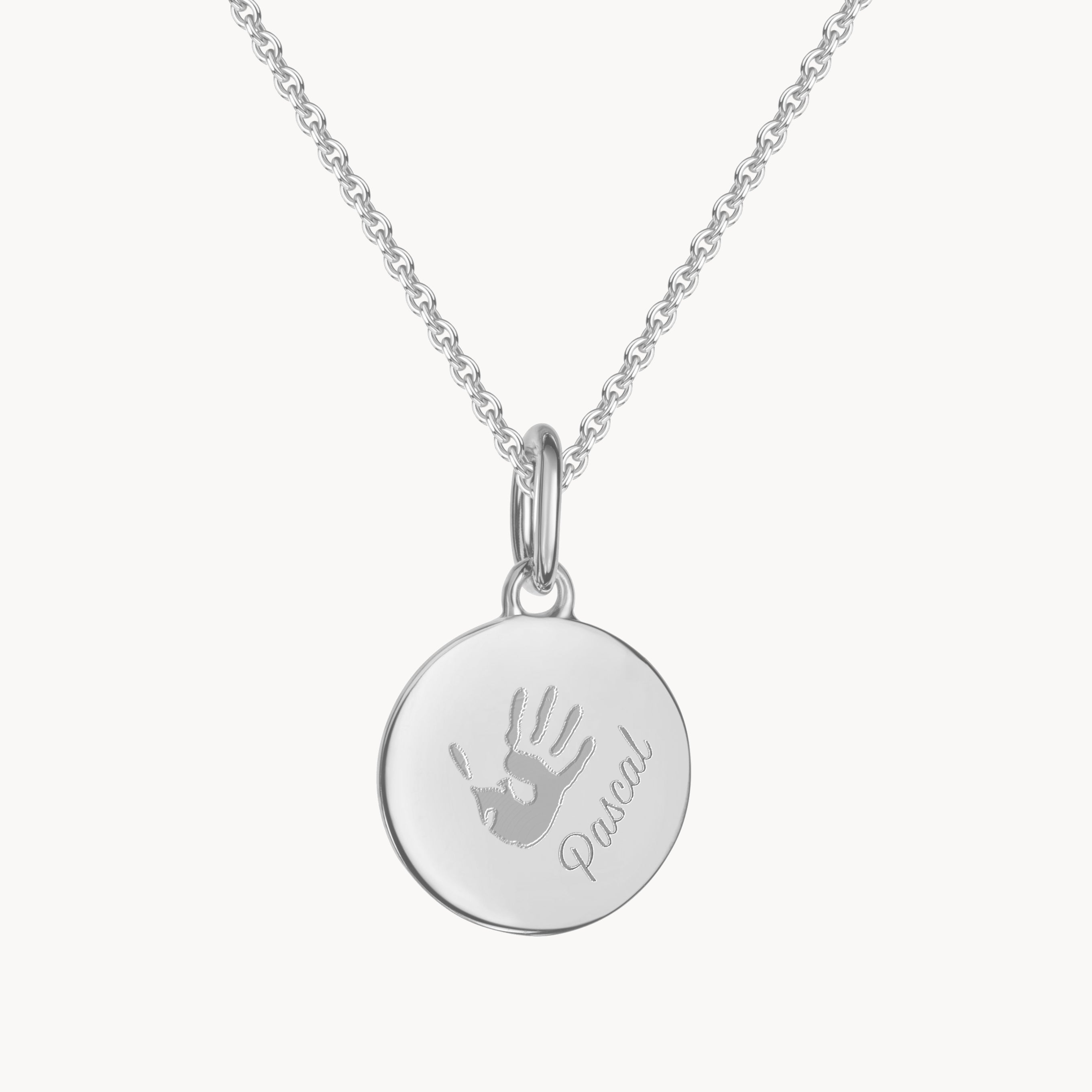 runder Anhaenger Silber Handabdruck Name