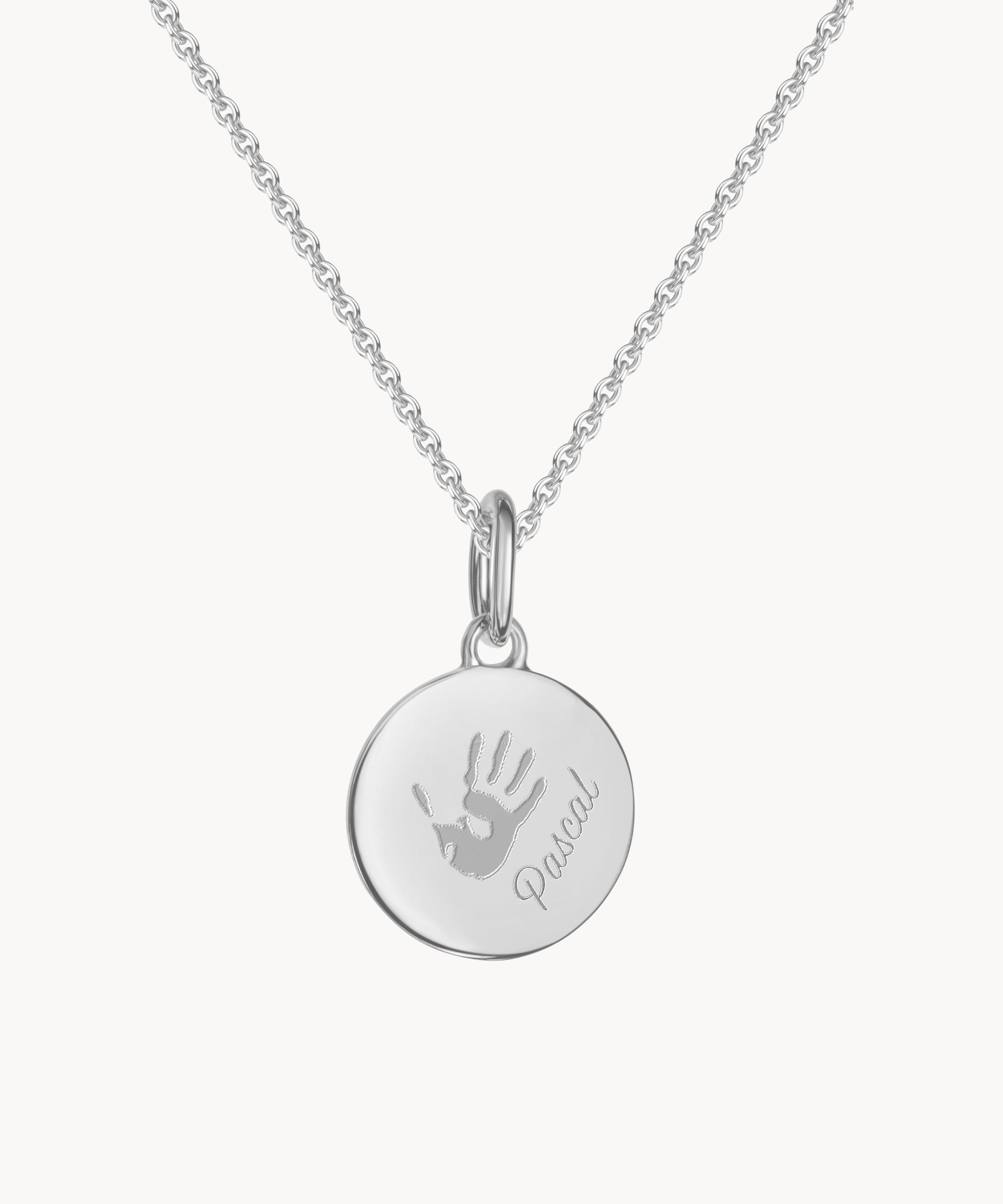 runder Anhaenger Silber Handabdruck Name