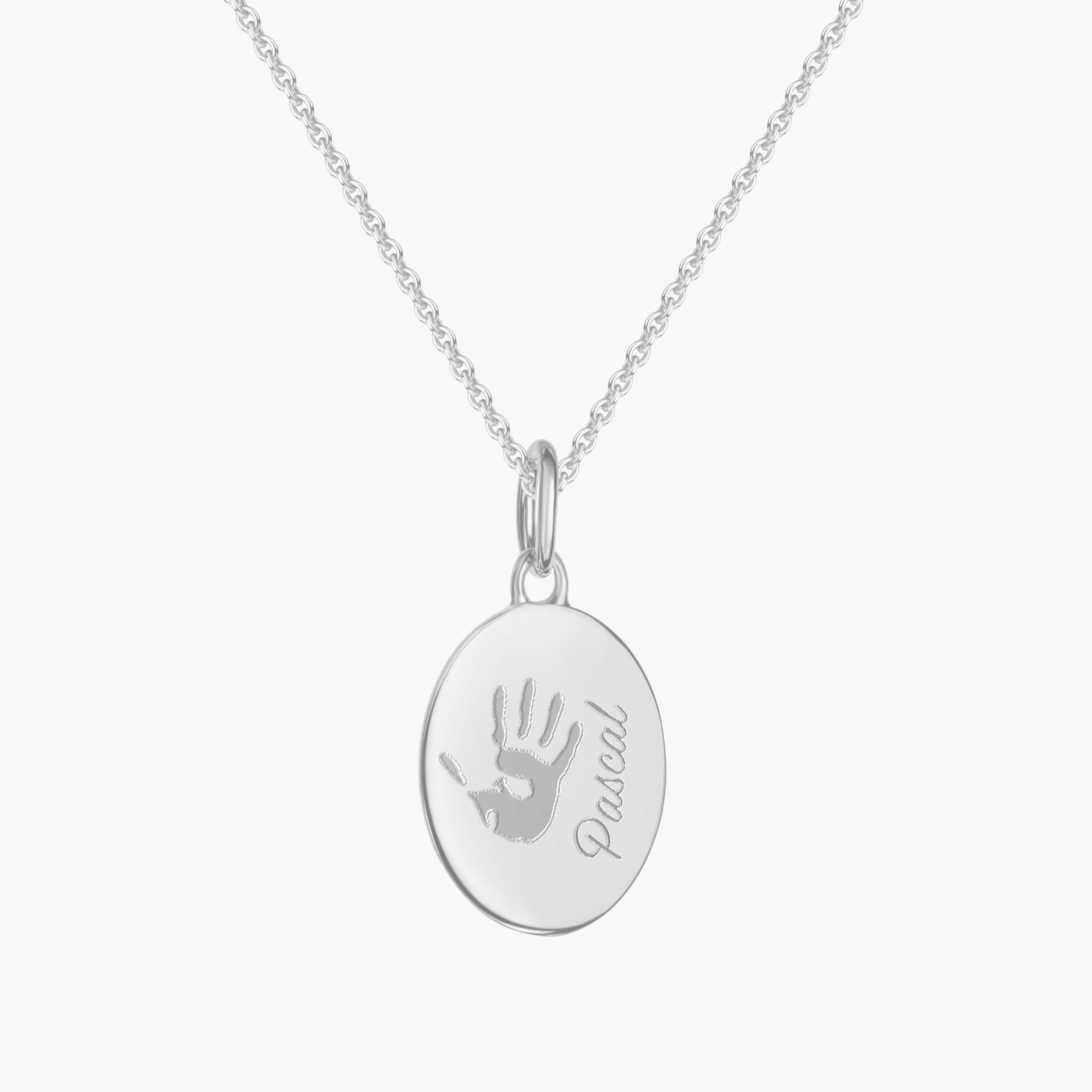ovaler Anhaenger Silber Handabdruck Name